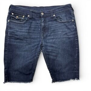 True Religion Ricky Relaxed Straight Denim Shorts Dark Wash Frayed Hem Mens 38